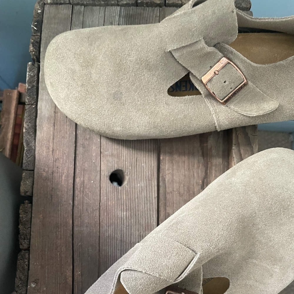Birkenstock Suede Clogs in Light Taupe
